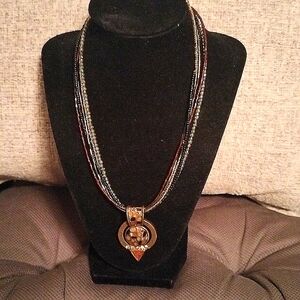 Chicos Brass Pendant Earth Tone Glass Beaded Necklace